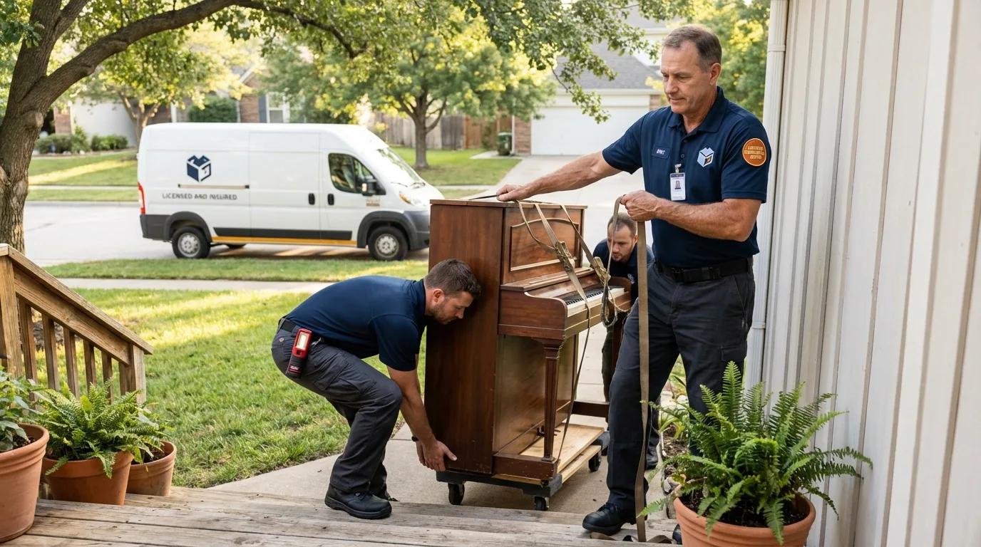 Licensed piano movers securing grand piano in Red Hill, PA