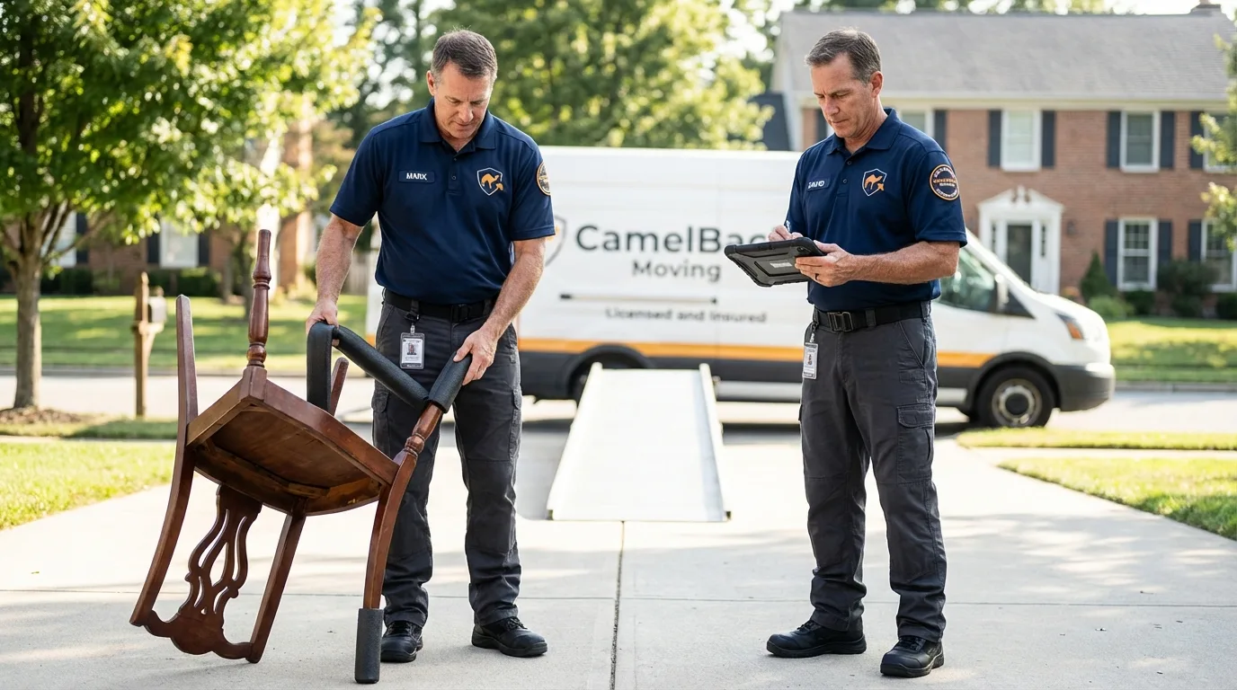 Movers inspecting furniture for damage prevention before loading in Red Hill, PA