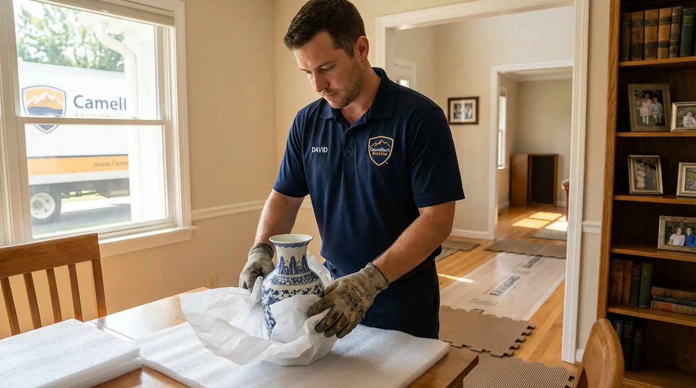 Professional crew carefully wrapping antique vase for senior downsizing move in Red Hill, PA